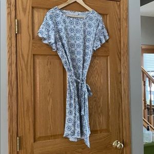 Blue Patterned Tie-Waist Women's Dress